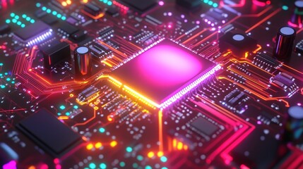 Poster - Glowing circuit board high tech electronics closeup