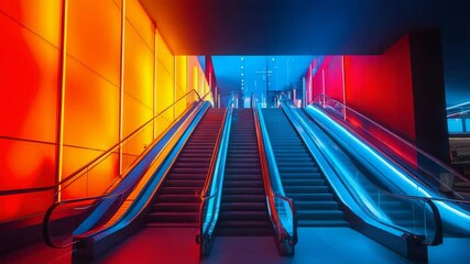 Poster - Colorfully lit escalator in red and blue illuminating modern urban environment at nighttime scene