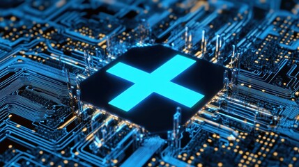 Poster - Glowing blue cross on circuit board technology concept