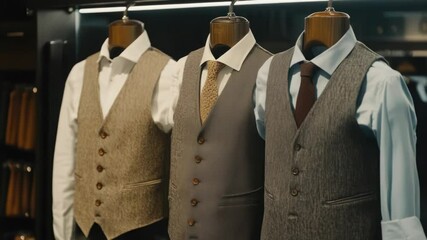 Aufkleber - Row of men's vests displayed in a store for customers to try on and purchase