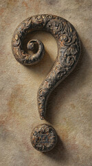 Poster - Ornate, dark metal question mark on textured beige background, symbolizing inquiry, mystery, or decision-making Free space available for text