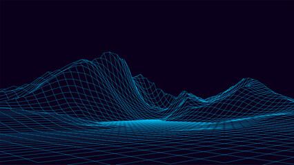 Fototapete - Abstract digital polygonal wireframe landscape. Blue mesh illustration on dark background. Digital polygonal wireframe landscape.