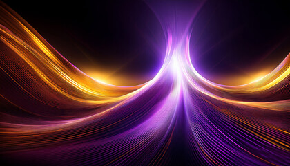 an abstract visualization featuring a wave like structure illuminated by glowing beams of light in vibrant purple and golden hues against a dark background creating a depth filled atmosphere