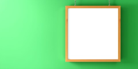 Poster - Blank white board with a wooden frame hanging on a green wall with metal chains above it