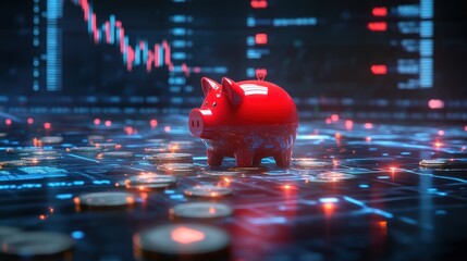 Poster - Red piggy bank on digital financial chart savings investment concept