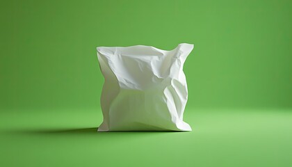 Poster - Crumpled white object on a lime green background.  A simple, textured,  crumpled white pouch or package.  Focuses on form and texture