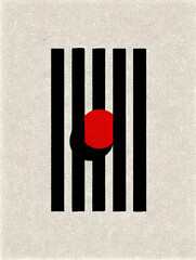 Fototapete - Geometric Abstraction: A minimalist composition features a bold red circle at the center, overlaid against a backdrop of vertical black stripes.