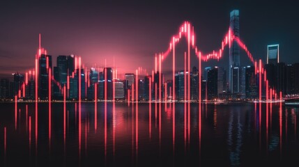Poster - Night cityscape with red stock market chart overlay