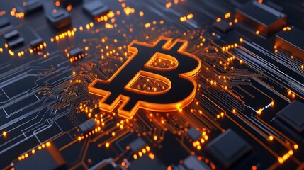 Aufkleber - Glowing bitcoin symbol on circuit board digital currency technology concept