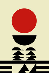 Poster - Abstract Geometric Harmony: An artistic composition featuring a bold red circle against a soft cream background, intersected by dynamic black geometric shapes, representing a balance of forms.