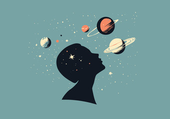 Wall Mural - the idea of thinking is represented by a man's profile set against a blue space background, symboliz