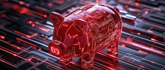 Poster - Digital piggy bank red circuit finance technology concept
