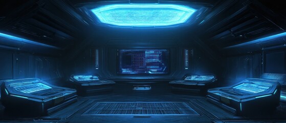 Poster - Futuristic control room dark blue console interior with glowing screens
