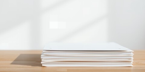 Poster - Stack of white papers or documents on a wooden surface with a white wall backdrop light