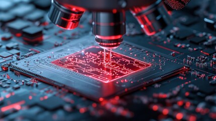 Poster - Microchip manufacturing red light circuit board closeup