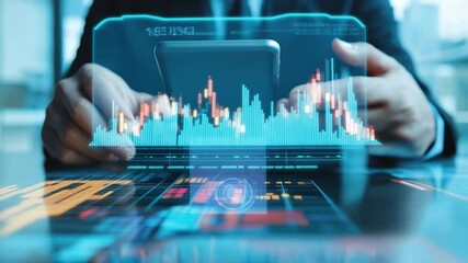 Poster - financial data analysis in a modern office by a biracial businessman using mobile technology, financ