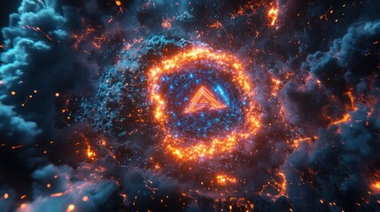 Poster - Glowing symbol in fiery cosmic clouds abstract digital art