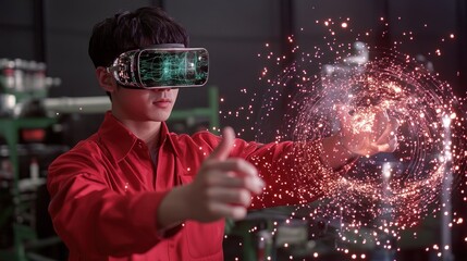 Poster - Man using vr headset interacting with digital sphere futuristic technology concept