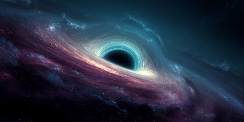 Poster - Cosmic swirl around black hole, teal and purple nebula, celestial event, powerful gravitational pull, dark matter, space exploration, universe mystery