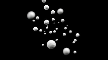 Fototapete - Abstract spheres in motion against a black background.  A flurry of white orbs in various sizes and positions, suggesting a dynamic and dispersed system