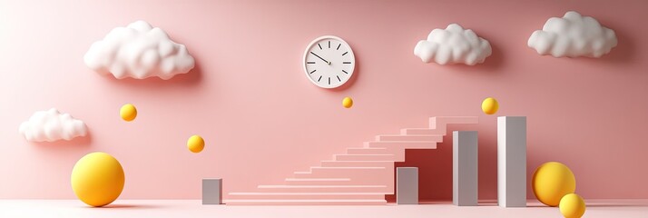Poster - Abstract Scene with Clouds, Clock, and Steps