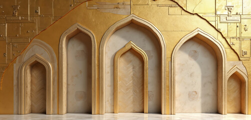 Fototapete - Illustration golden textured wall with arches. Architectural design in luxury style. Metallic golden ornate archways, elegant art deco details. Decorative interior building with golden accents.