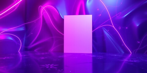 Poster - A square block in a purple and blue neon lit room with a reflective surface on the floor