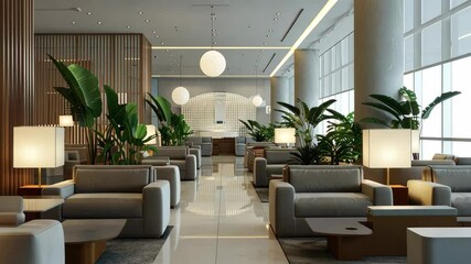 Aufkleber - Elegant modern lounge interior with greenery and soft lighting in luxurious hotel setting during daytime