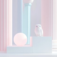Poster - Pastel-toned architectural scene with an owl