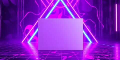 Poster - Abstract neon background with triangular lights and a blank rectangle in the center