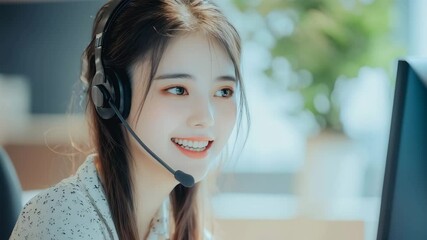 Poster - Friendly customer service adviser engages with customer in a modern office setting, Friendly customer service adviser talking to a customer via video call