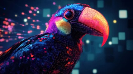 Poster - Colorful robotic toucan producing electronic music in a vibrant digital environment, electronic and robotic music toucan made with generative AI