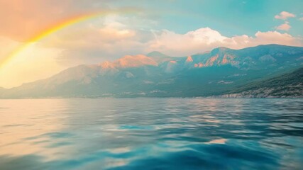 Poster - Fast-moving camera captures stunning view of sea water and mountain range with a vibrant rainbow, Camera moving fast over sea water towards mountain on background with beautiful rainbow