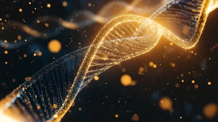 Poster - Data processing visualization over a DNA strand with luminous particles on a black background, data processing over dna strand on black background