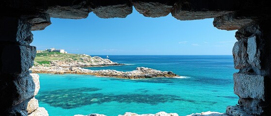 serene coastal view framed by ancient stone. turquoise water, rocky coast, and clear sky