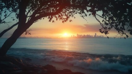 Poster - Ocean sunset viewed through branches with city skyline in the distance, discovering ocean sunset moving thorugh tree branches towards skyline
