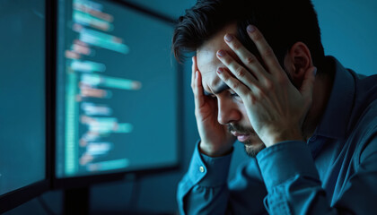 Poster - pro experiences stress during data breach crisis. Man faces pressure, responsibility managing sensitive information. Emergency alert. Frustrated expert overworked, worried about system security.