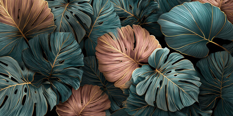Fototapete - Teal and rose gold tropical leaves, detailed texture, overlapping arrangement, evokes luxury, nature, and serenity, ideal for design projects