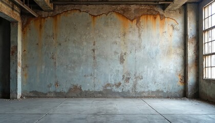Aufkleber - Weathered wall inside abandoned industrial factory. Peeling paint rust stains express industrial decay. Concrete floor, empty space create moody urban background. Vintage grunge texture, historic