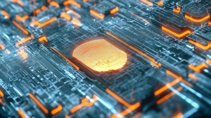Poster - Biometric fingerprint analysis over digital data processing in futuristic technology, biometric fingerprint over digital data processing on dark background