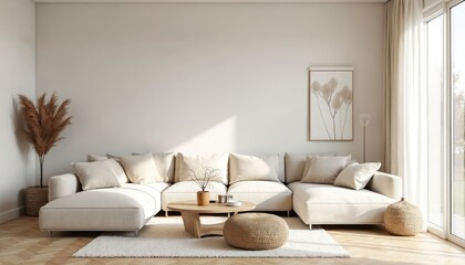 Fototapete - Modern Scandinavian interior design. Living room features large sofa, minimalist decor. Warm natural light enhances cozy, comfortable atmosphere. Stylish wooden floor, contemporary furniture create