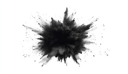 Poster - Dark powder explosion against a white background.  A central mass of dark powder bursts outwards in a radiating pattern