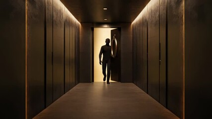Poster - A silhouette of a man emerges from the door of an apartment in the dark corridor of the entrance