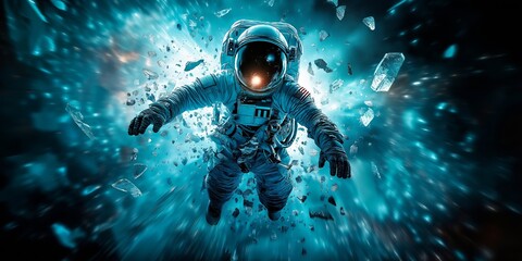 Wall Mural - dead astronaut floating in space with debris flying around