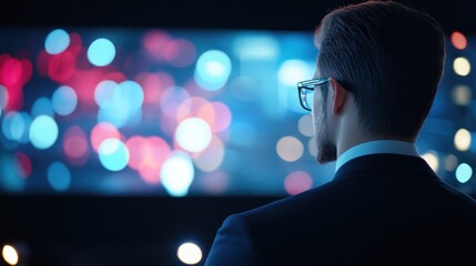 Poster - Businessman watching data on screen colorful lights modern technology concept