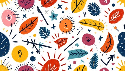 Poster - Vibrant, playful seamless pattern featuring hand-drawn doodles, arrows, abstract shapes. Colorful explosion of fun, energetic, whimsical elements. Cheerful, bright, happy design for kids youth