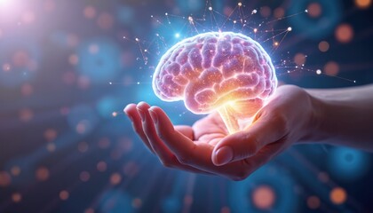 Poster - Hand gently holds glowing human brain, concept of mind, knowledge, intelligence, science, technology. Futuristic digital art of human brain in hand. Health care innovation, neurology, medicine