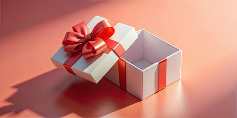 Poster - A beautifully wrapped gift box featuring a vibrant red ribbon rests open on a soft pink table. The warm afternoon light enhances the elegant presentation and creates subtle shadows