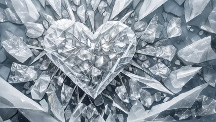 Poster - A multifaceted heart made of crystal sits among broken shards on a reflective surface. Light refracts through the pieces, creating a dazzling visual effect