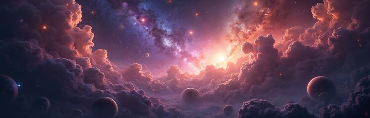 Aufkleber - Stunning galactic space illustration, starry sky with planets, glowing clouds, nebula, stars. Deep space view, vibrant colours, magical atmosphere, celestial bodies. Ideal for wallpaper, poster, art,